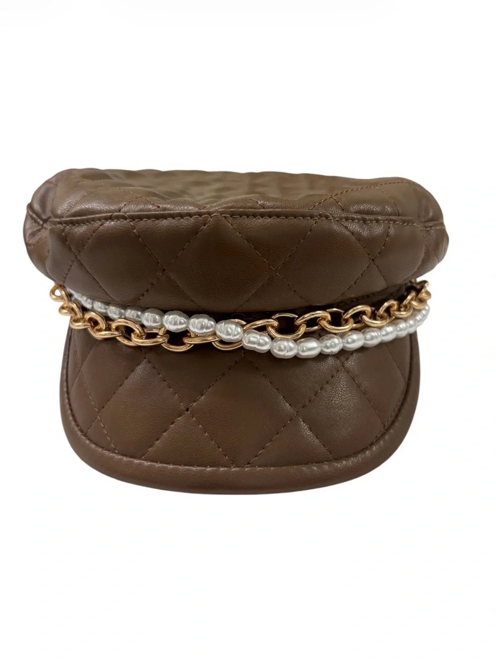 Newsboy hat baker boy page boy brown quilted faux leather cap NWT